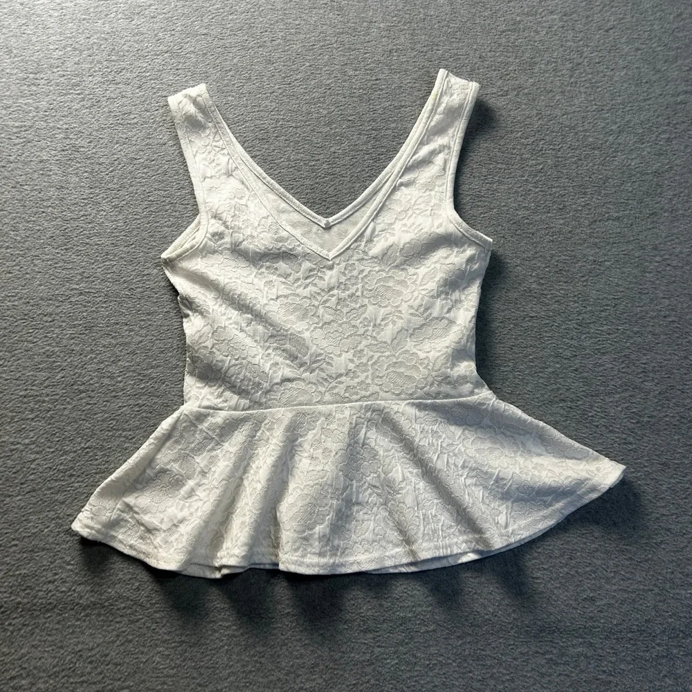 Topshop Sleeveless Womens‎ US 2 White Lace Floral Peplum Coquette Tank Top